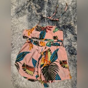 SHEIN Pink Leaf Print 3 Piece Vacation Outfit